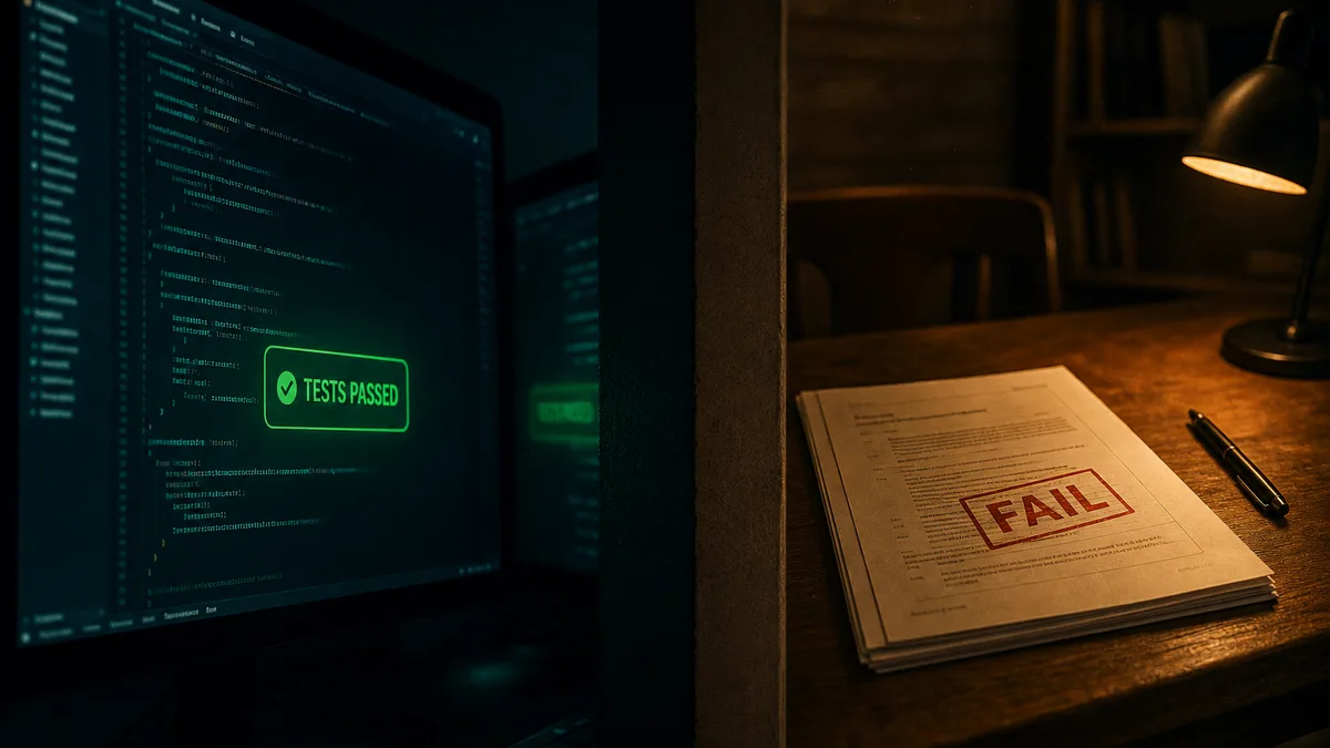 Green tests prove the code matches the code. Something else has to prove the code matches the spec.